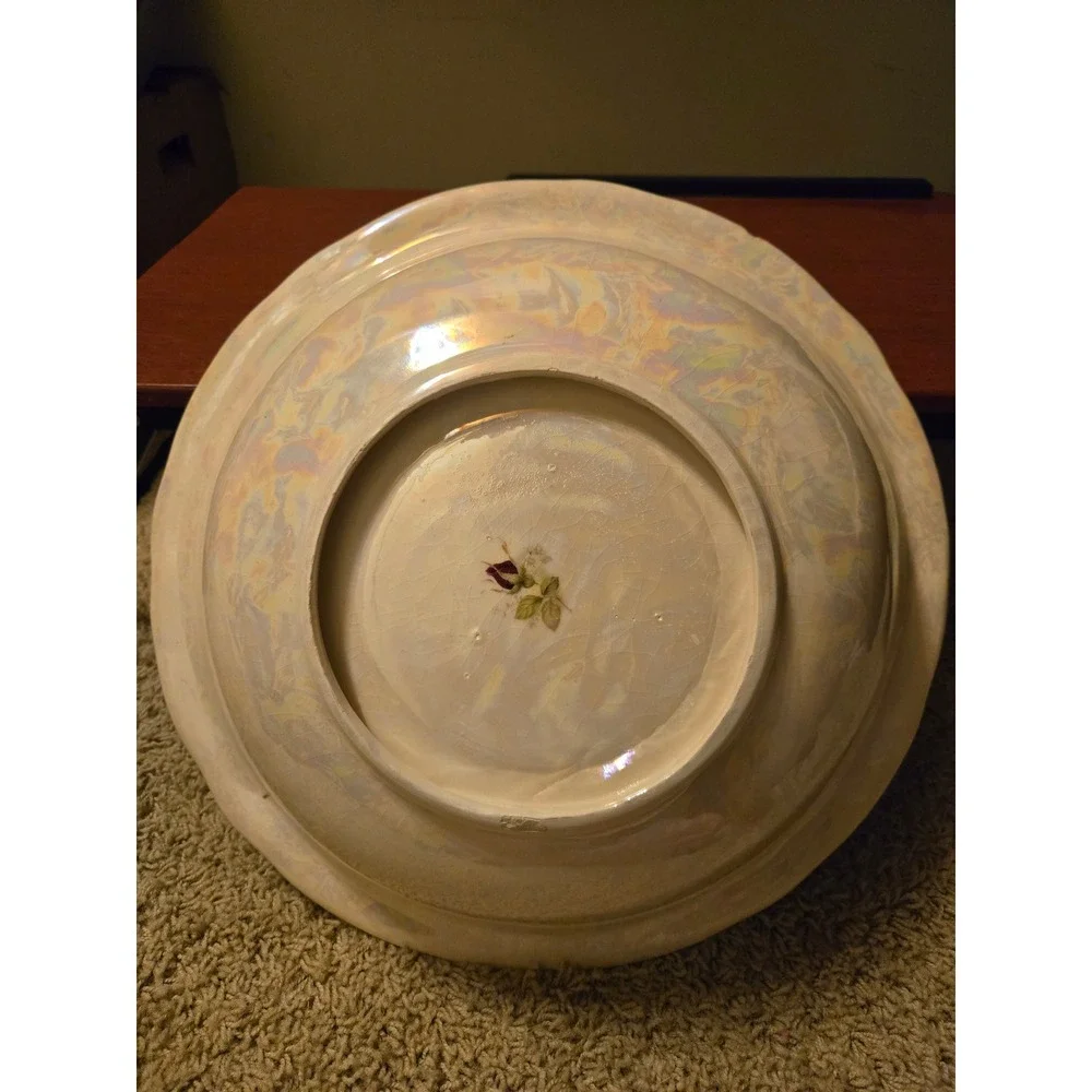Vintage‎ Iridescent Lusterware Ceramic Wash Basin Bowl Rosebud Floral Scalloped